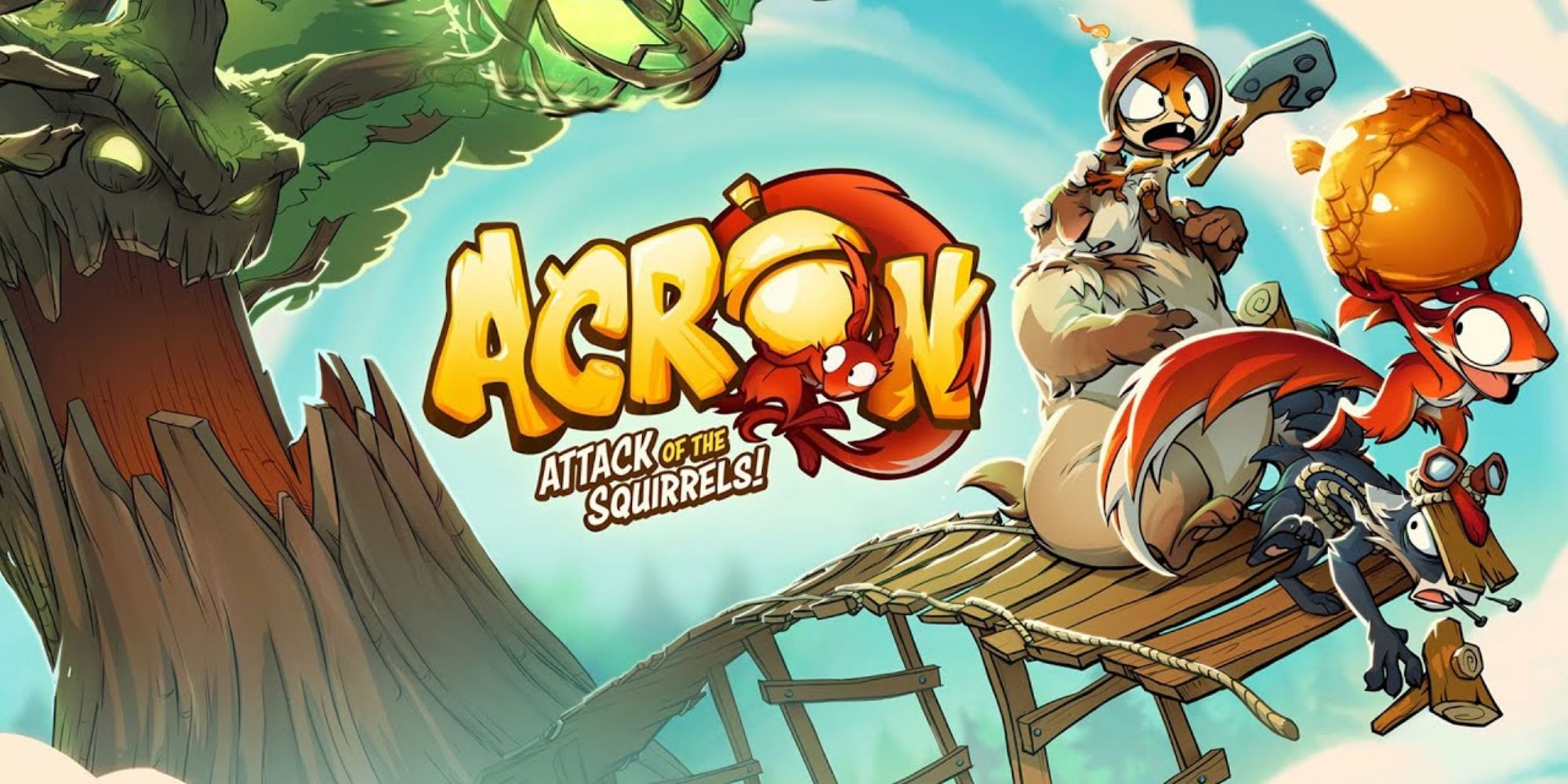 promotional art for Acron: Attack of the Squirrels with an evil tree on the left, the game's logo in the middle and escaping squirrels on the right