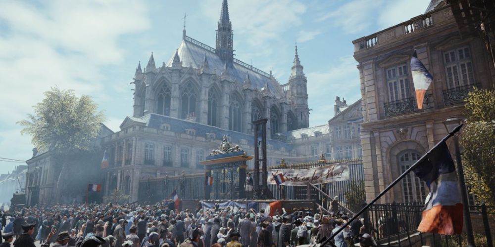 a wide angle shot from Assassin's Creed: Unity of a large crowd holding French flags gathered outside of an ornate building