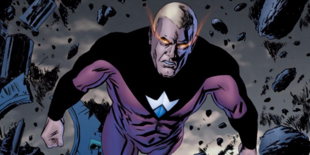 a panel from the Irredeemable comics featuring The Plutonian with red eyes blasting through debris and rubble in the sky