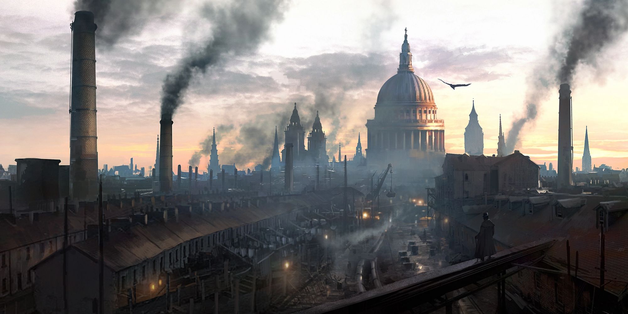 Eine breite Aufnahme von Rauch, der von den Dächern Londons in Assassin's Creed: Syndicate rollt, mit Blick auf die St. Paul's Cathedral in der Ferne