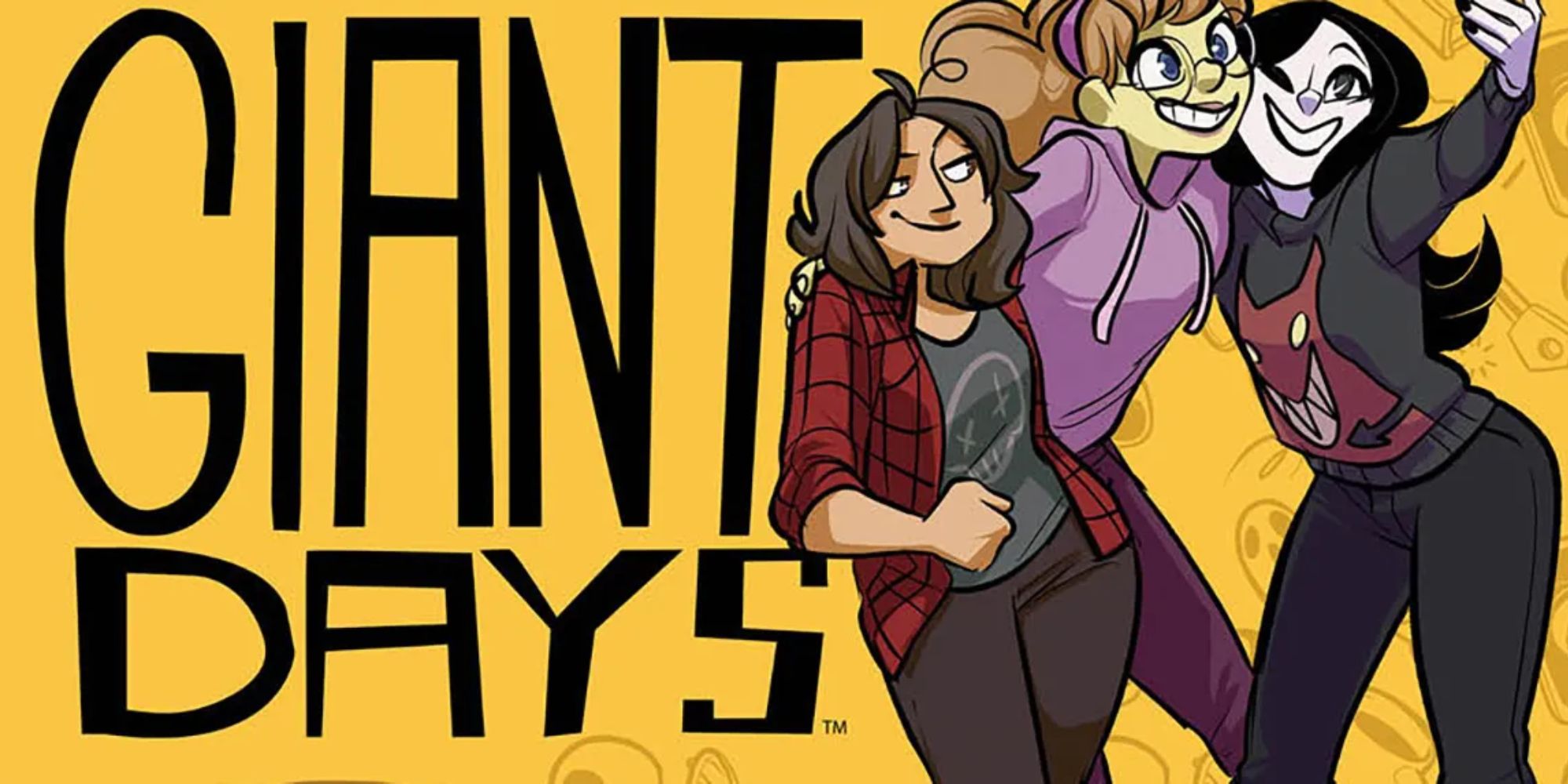 a promotional image for the comic book Giant Days featuring its protagonists Esther, Susan and Daisy taking a selfie next to the series' logo on the left