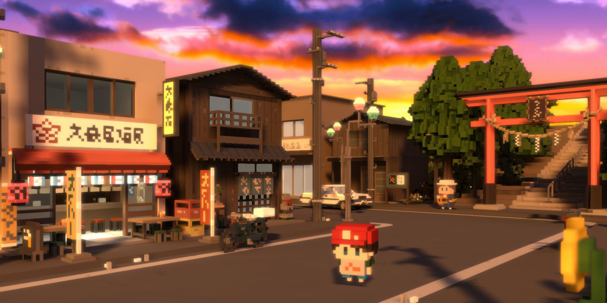 a wide angle shot of a voxel Japanese street with a few shops on the left, a temple gate on the right and a boy in the centre