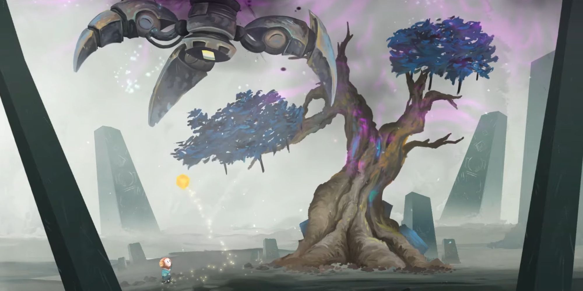 a wide shot of a young boy looking up at an ominous tree with a giant robot hand above it