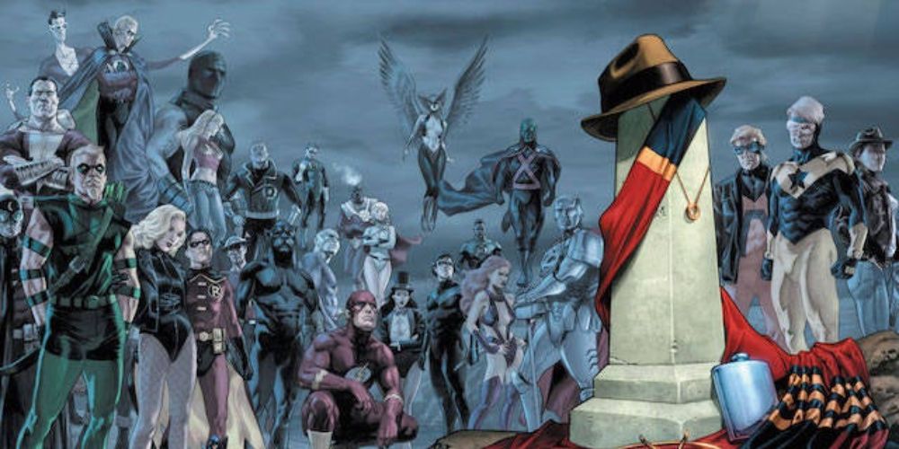 a cover image for the comic book 52 featuring a gravestone with a hat on the top in front of a row of various DC heroes including Booster Gold, Animal Man, Green Arrow and The Flash