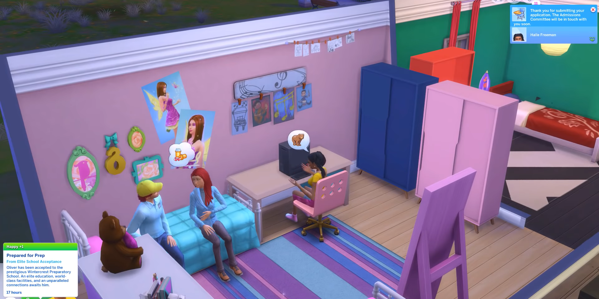 Teen Sims chat in their room, while one Sim uses the computer.