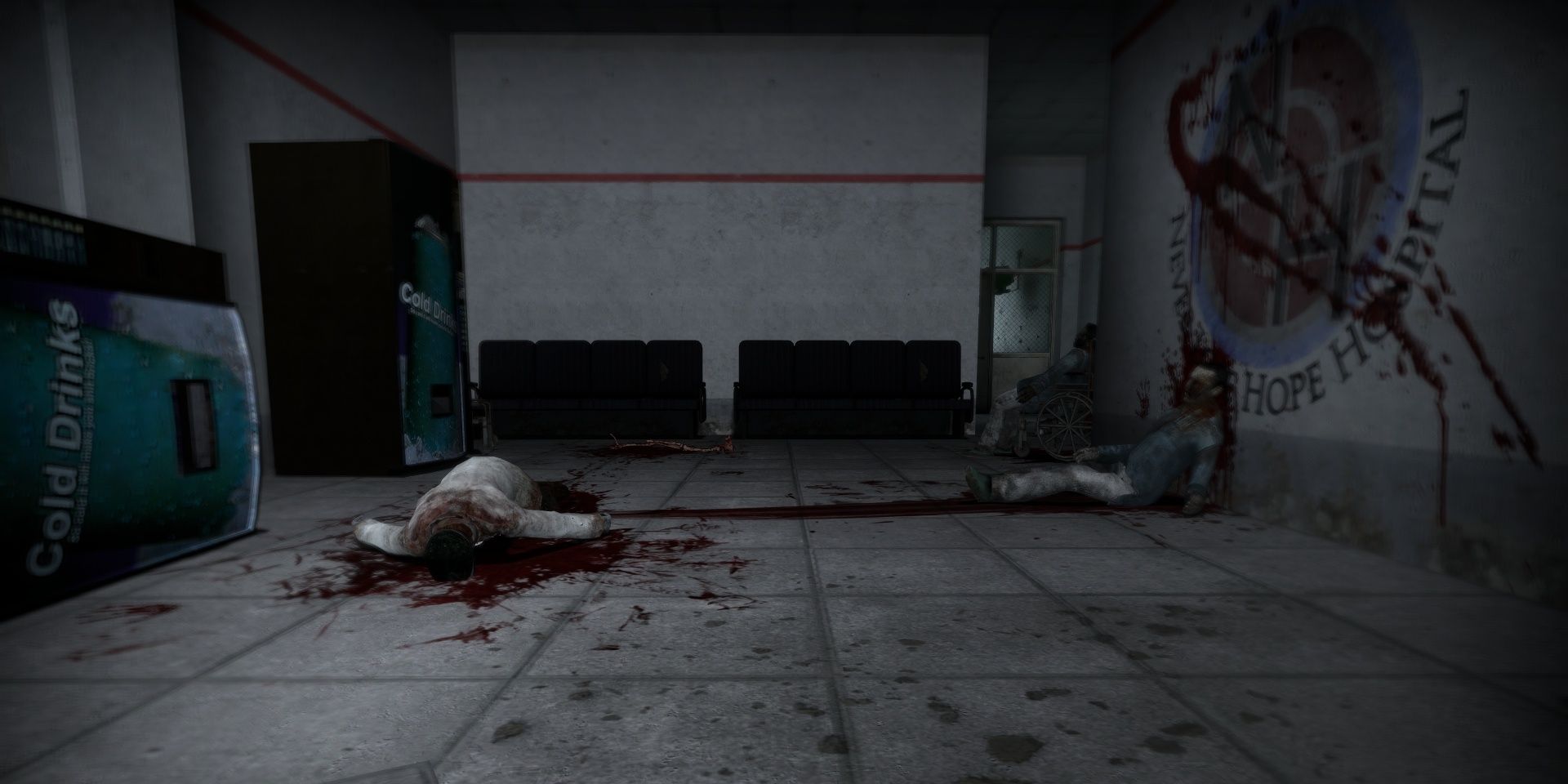 A few dead bodies on the ground of the hospital in the Nightmare House 2 Half-Life 2 mod