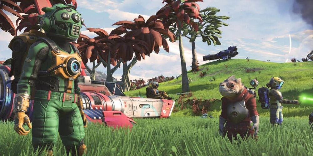No Man's Sky Explorers On Surface Of Lush Planet