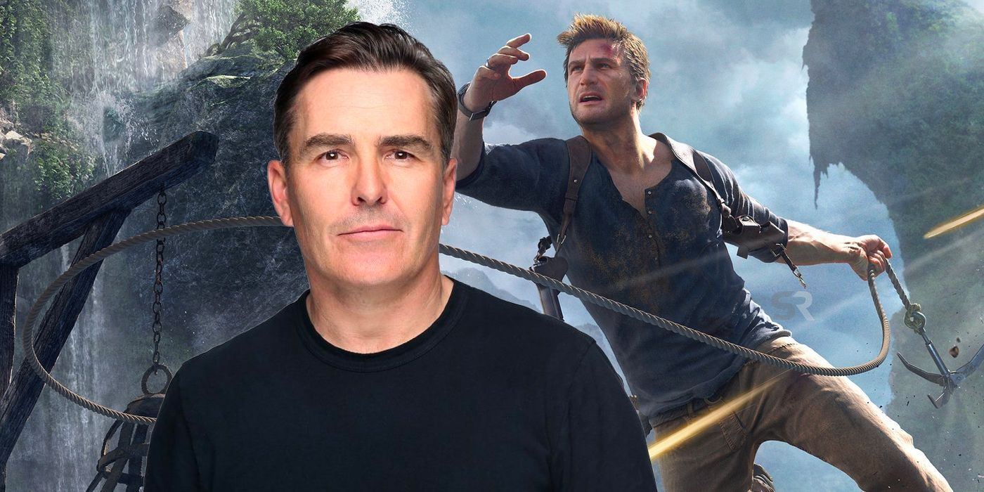 Nolan North in front of an Uncharted background