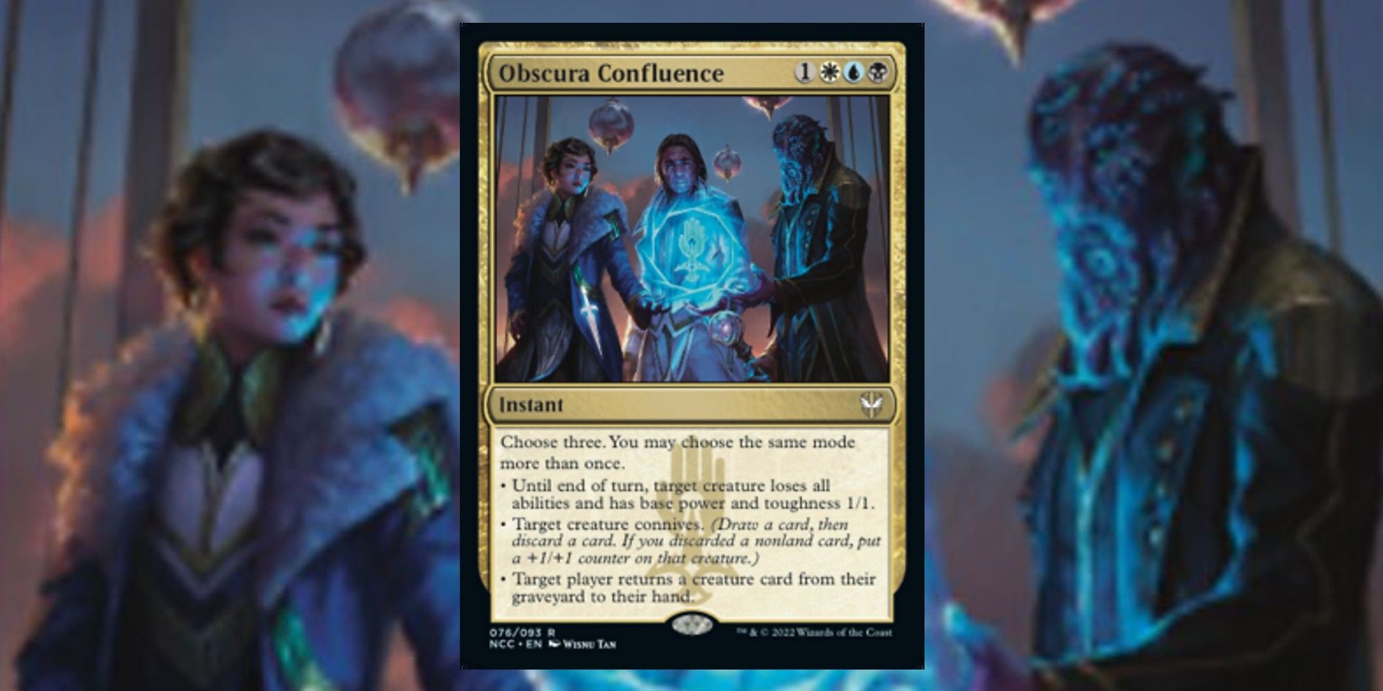 Magic Card displaying three characters standing around a blue orb