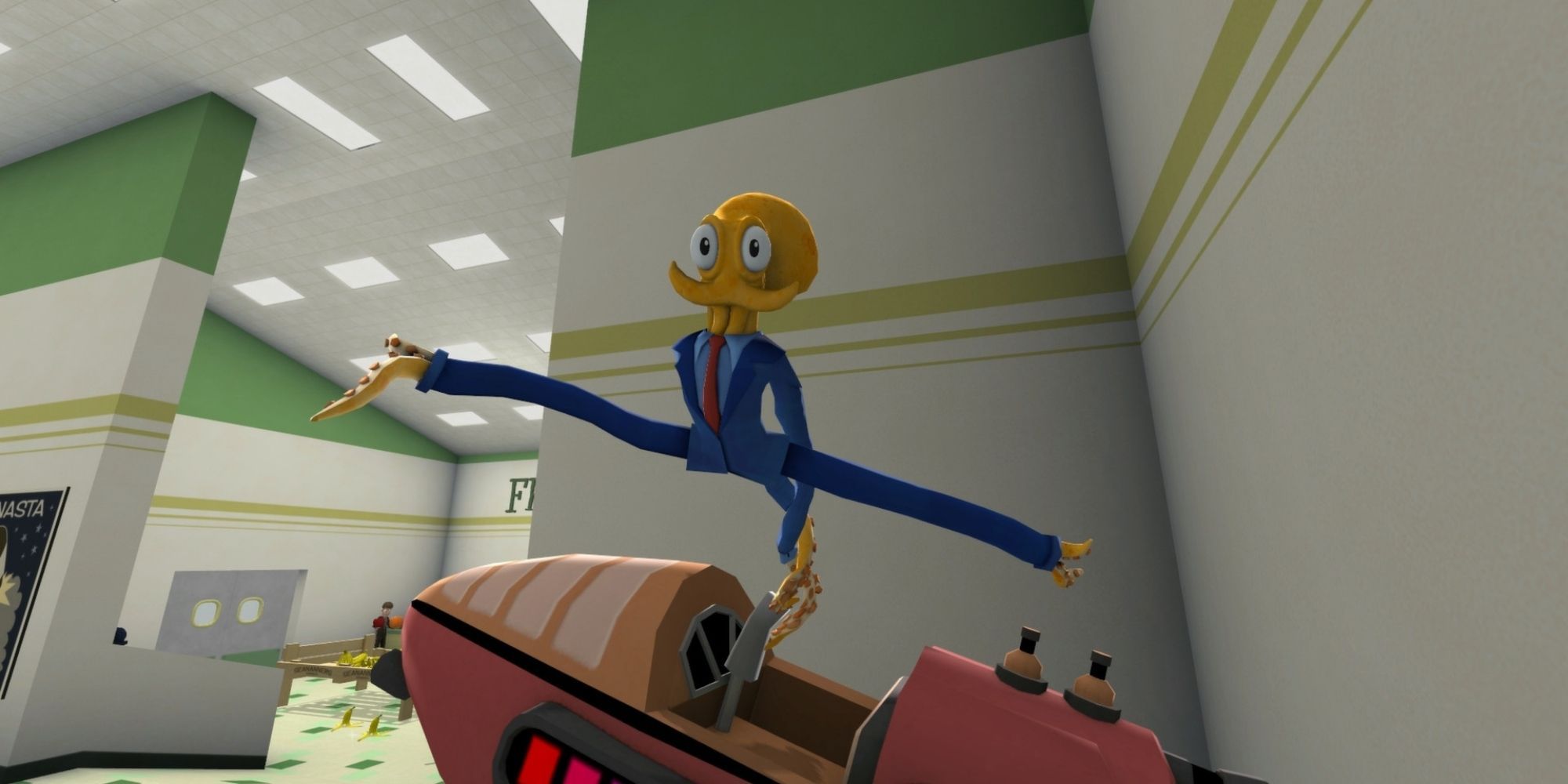 Octodad Protagonist Stretches Legs While Holding Onto Ship Steering Wheel