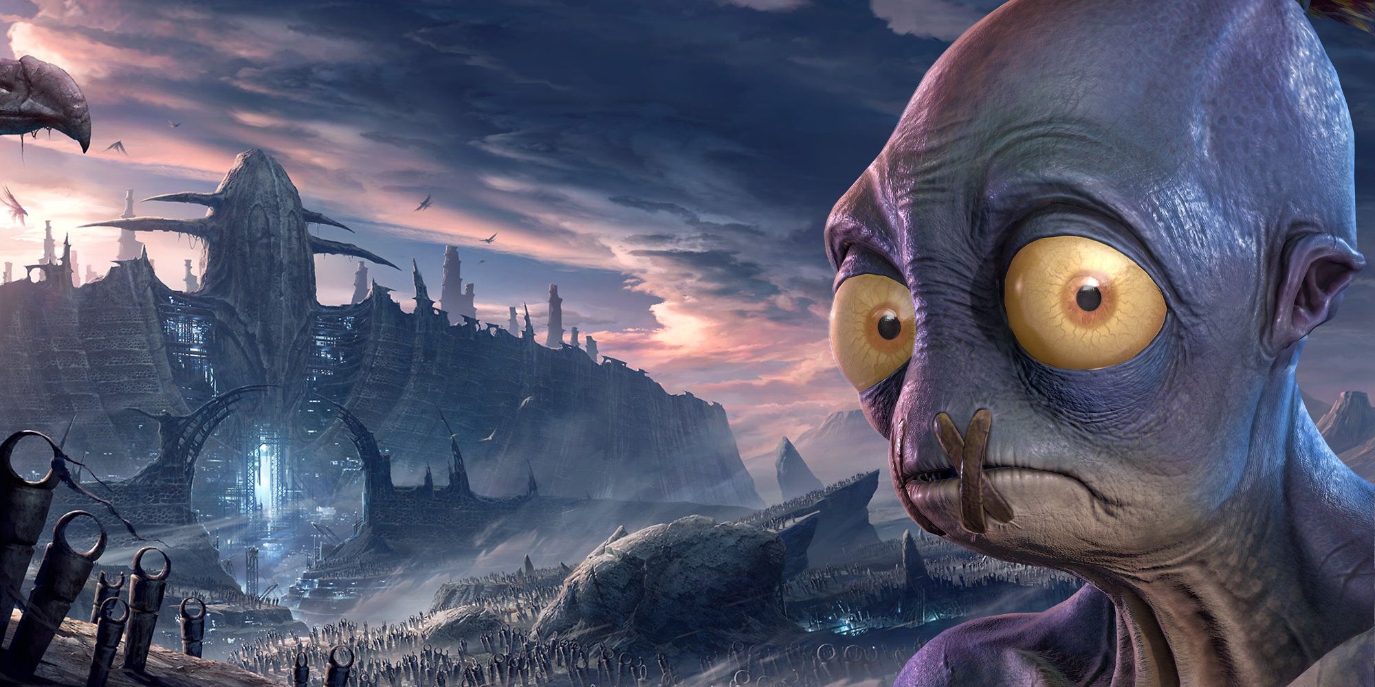 Screenshot of Abe from Oddworld Soulstorm in the foreground, with a desolate dystopian city in the background.