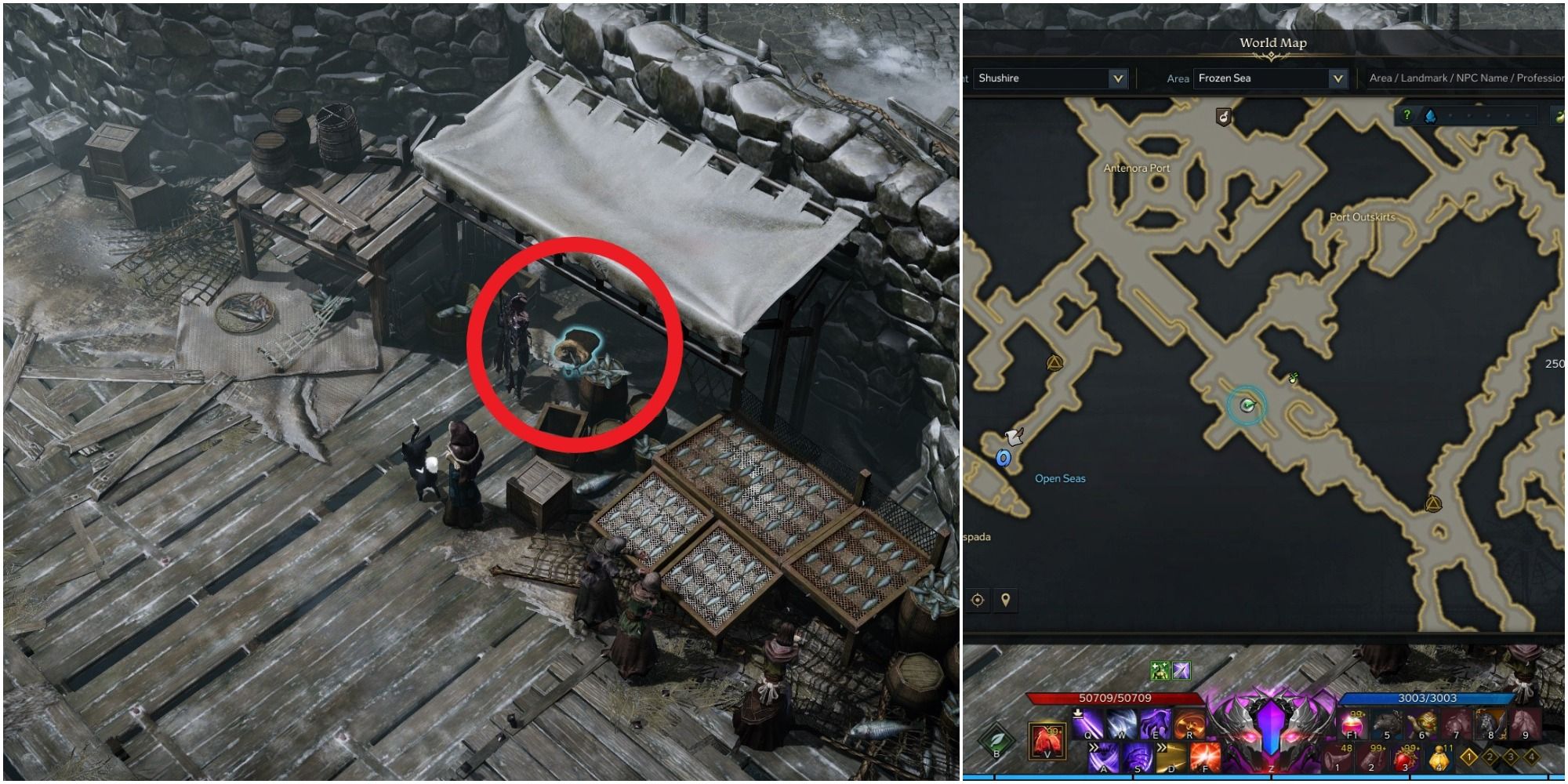 Lost Ark split image of Old Canned Food location on the map and its location on the ground with a red circle around a bag under a tent