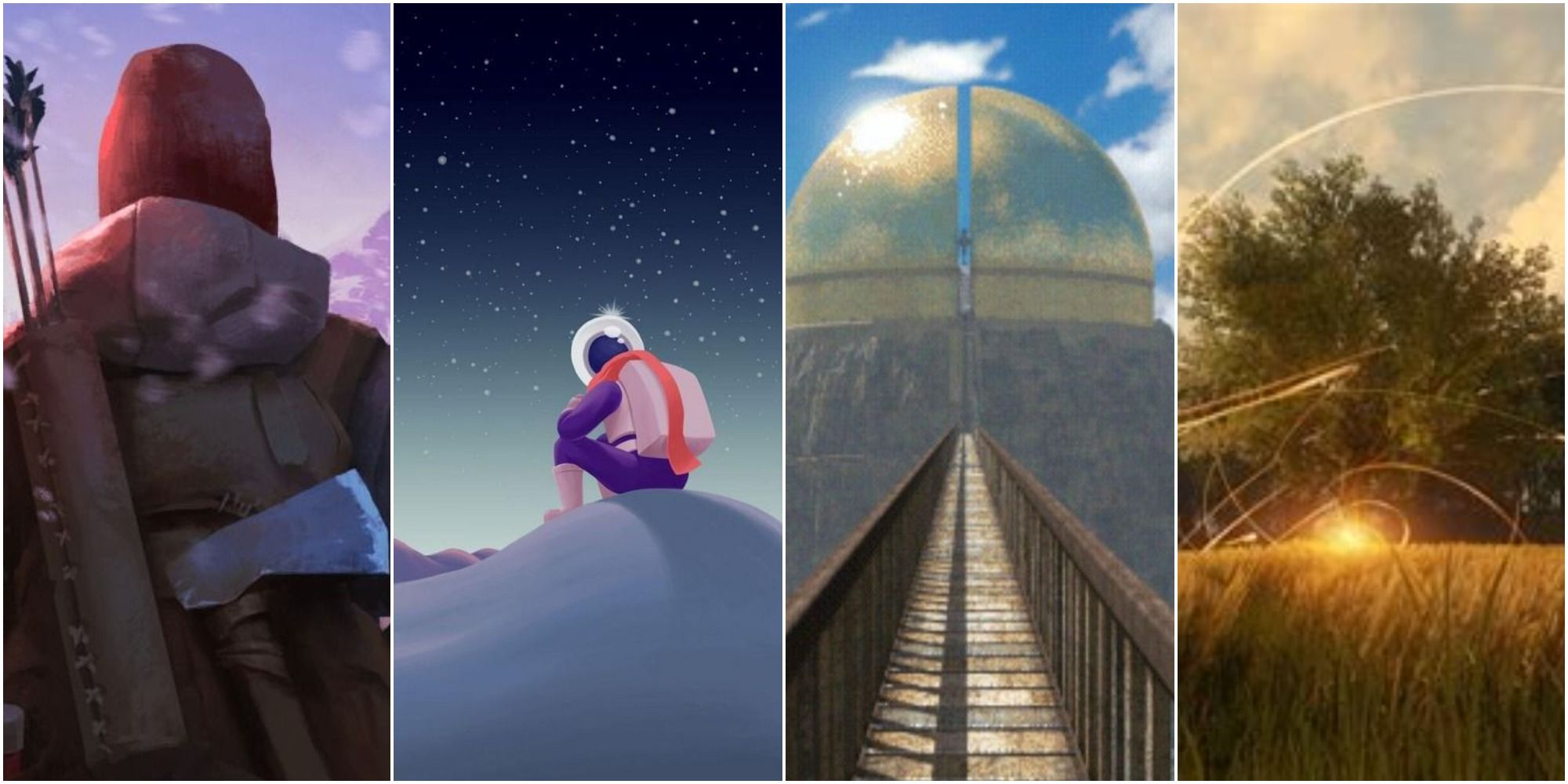 Split image of a man in winter, a figure alone staring up at the stars, a golden dome, and a strange light above a wheat field