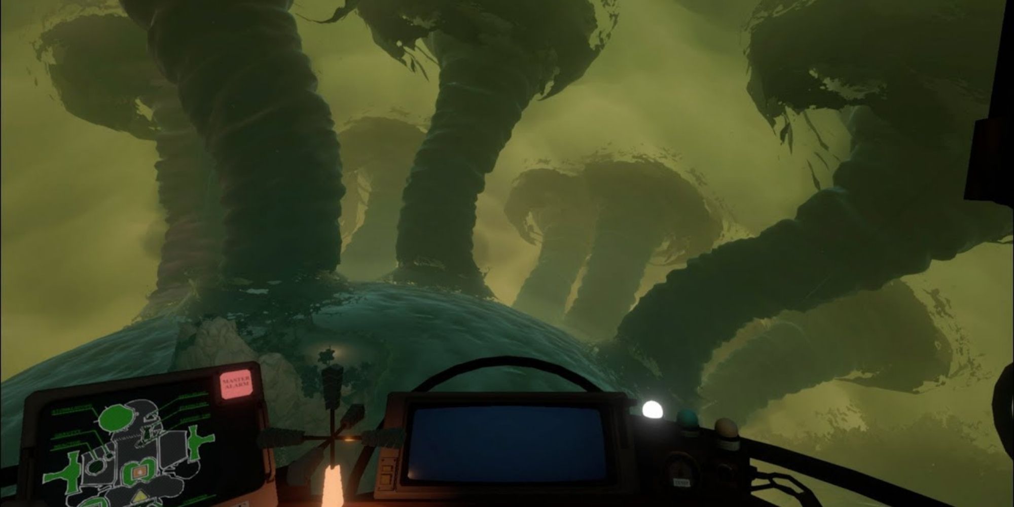 Outer Wilds Exploring Giants Deep, Multiple Tornadoes Over An Ocean