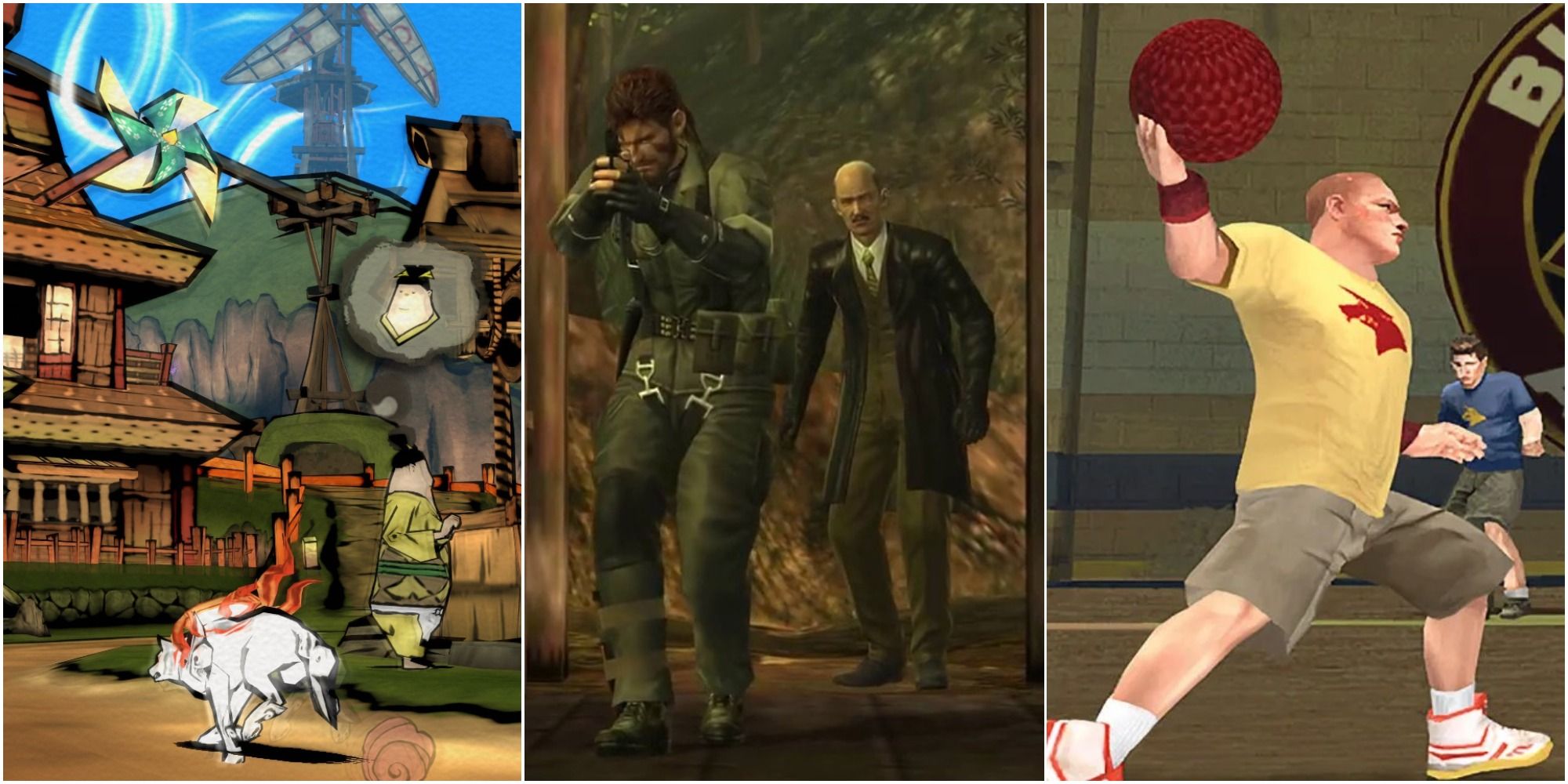 Collection of screenshots from Okami, Metal Gear Solid 3, and Bully