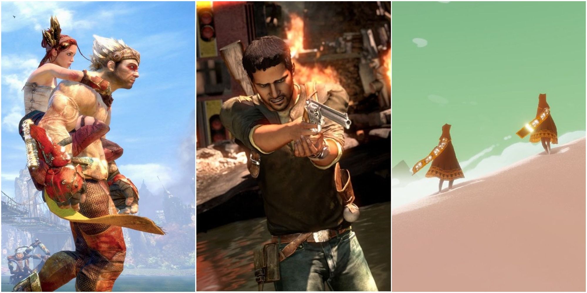 PS3 screenshot collage of Enslaved uncharted 2 and journey