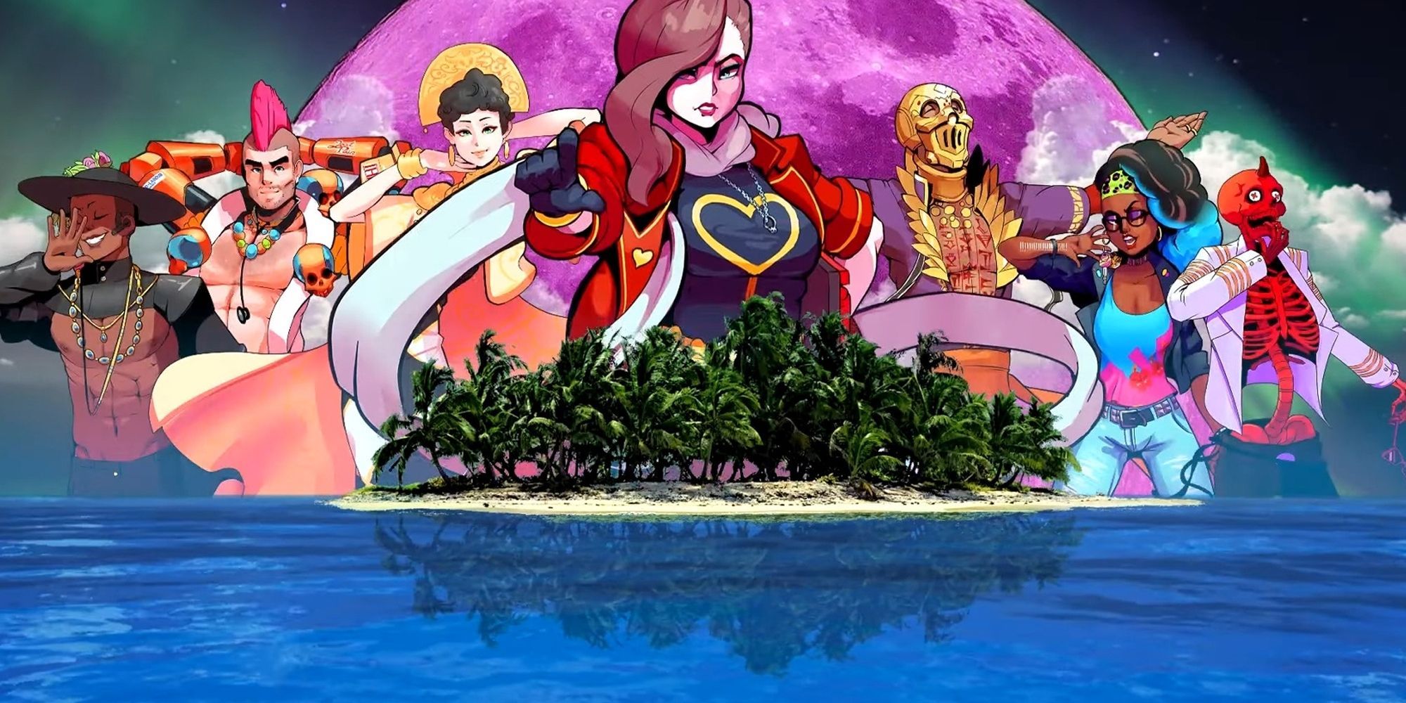 Paradise Killer Cast Stands Over Paradise Island With Purple Moon Behind Them