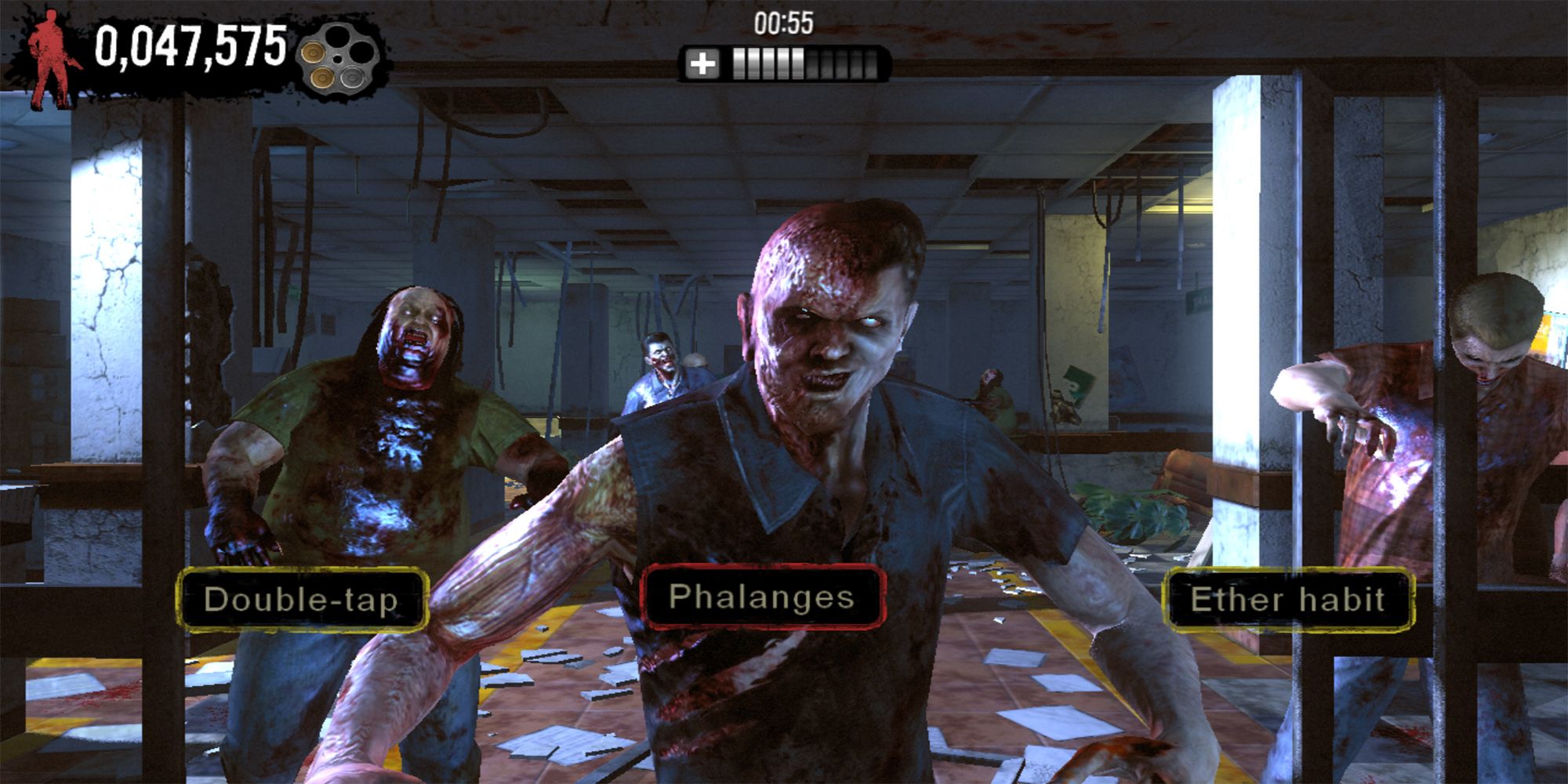 Agent G shoots a zombie with the phrase, "Phalanges," in an abandoned hospital inThe Typing Of The Dead Overkill