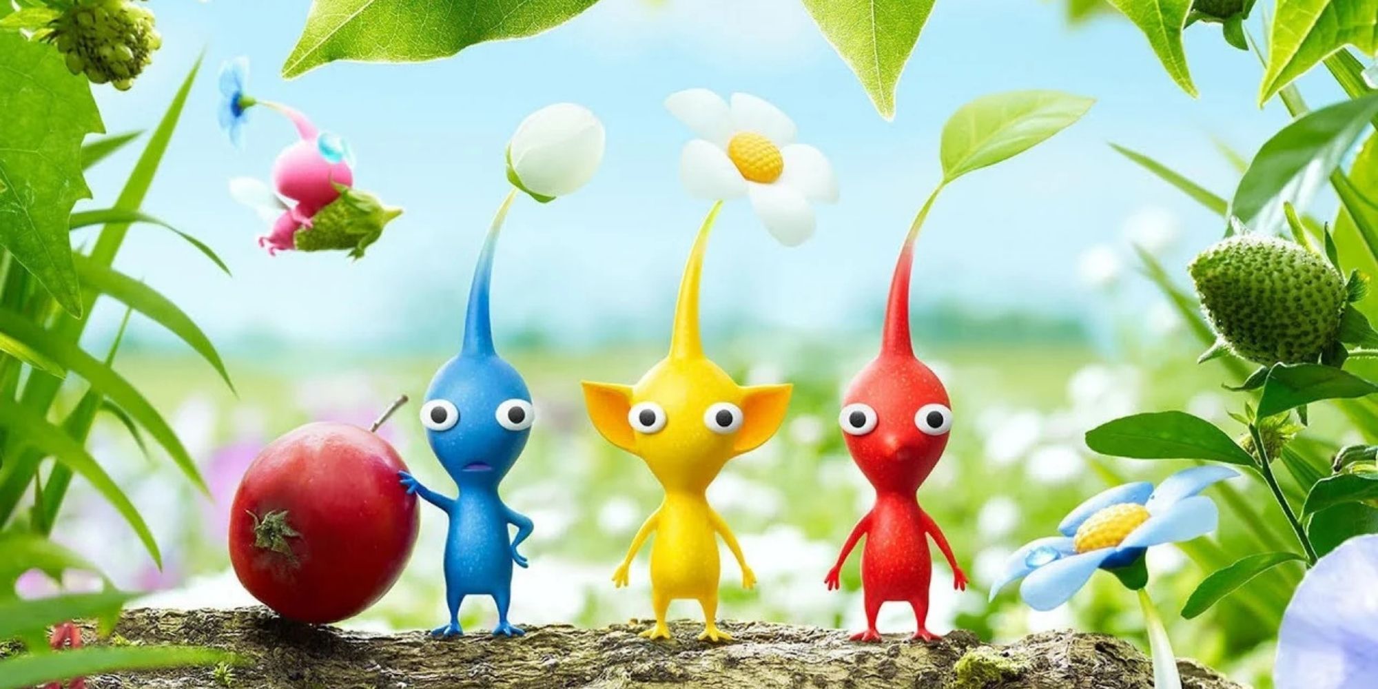 Pikmin 3 Blue, Yellow, and Red Pikmin Stand on Branch With Pink Pikmin In Background