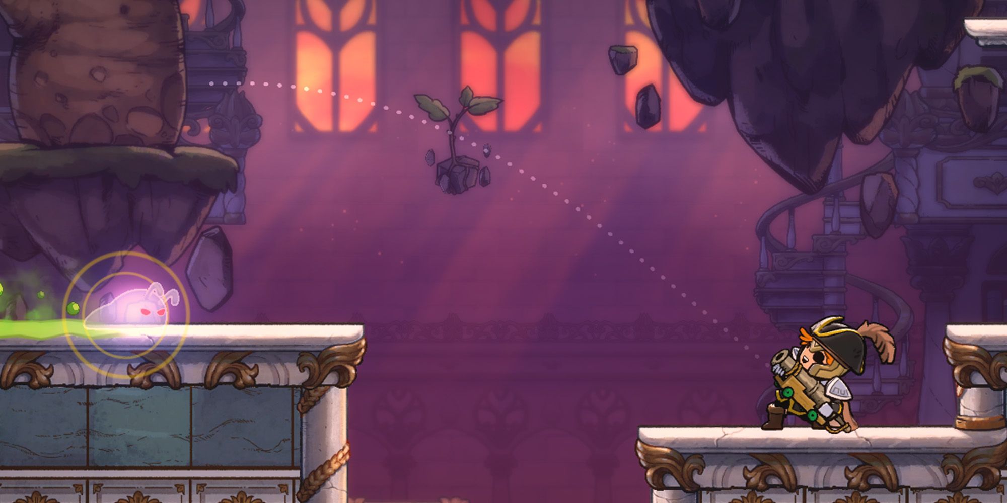 Rogue Legacy 2 screenshot of Pirate class aiming handheld cannon at enemy
