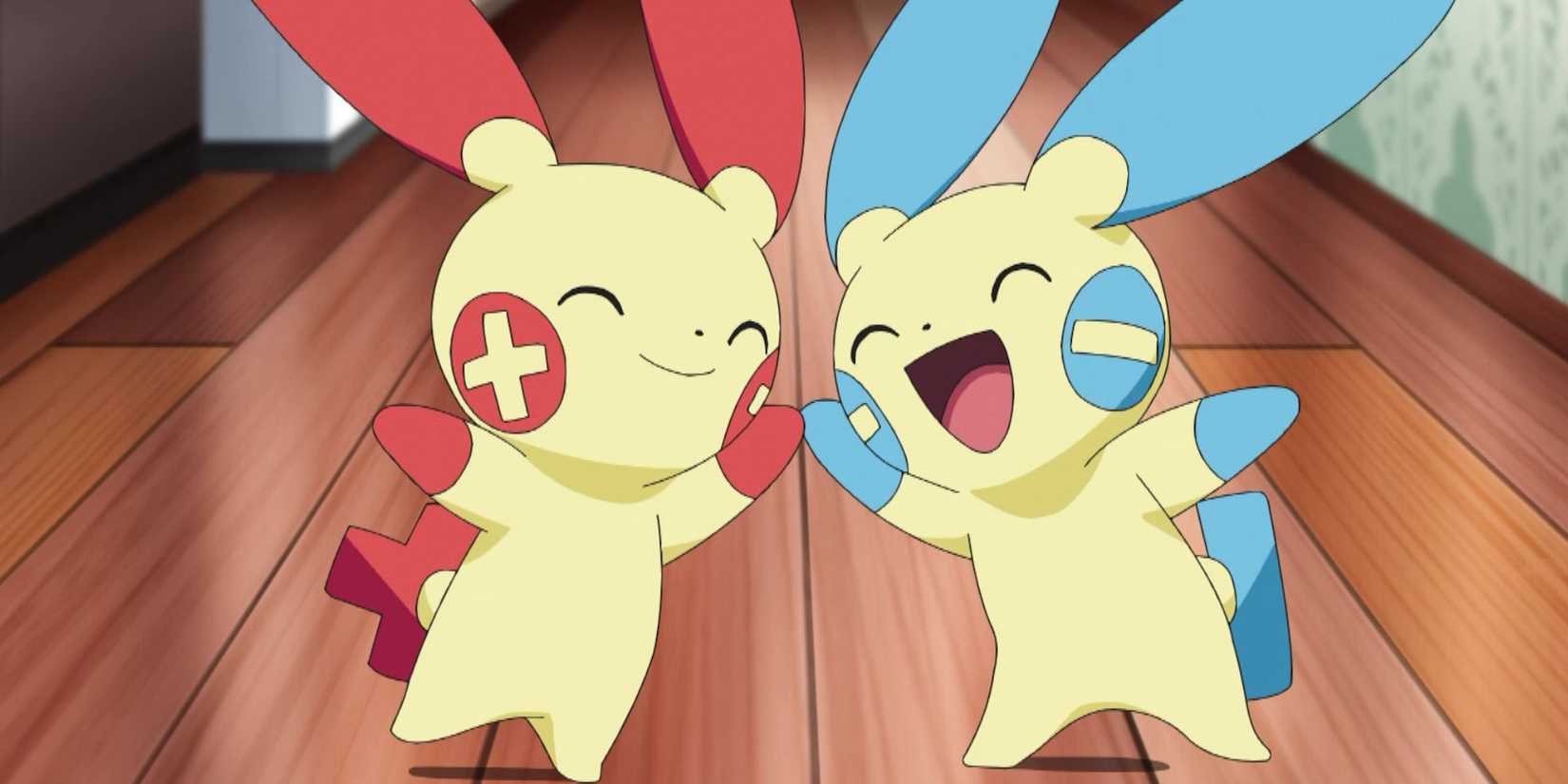 Plusle and Minun high fiving in the Pokemon anime.