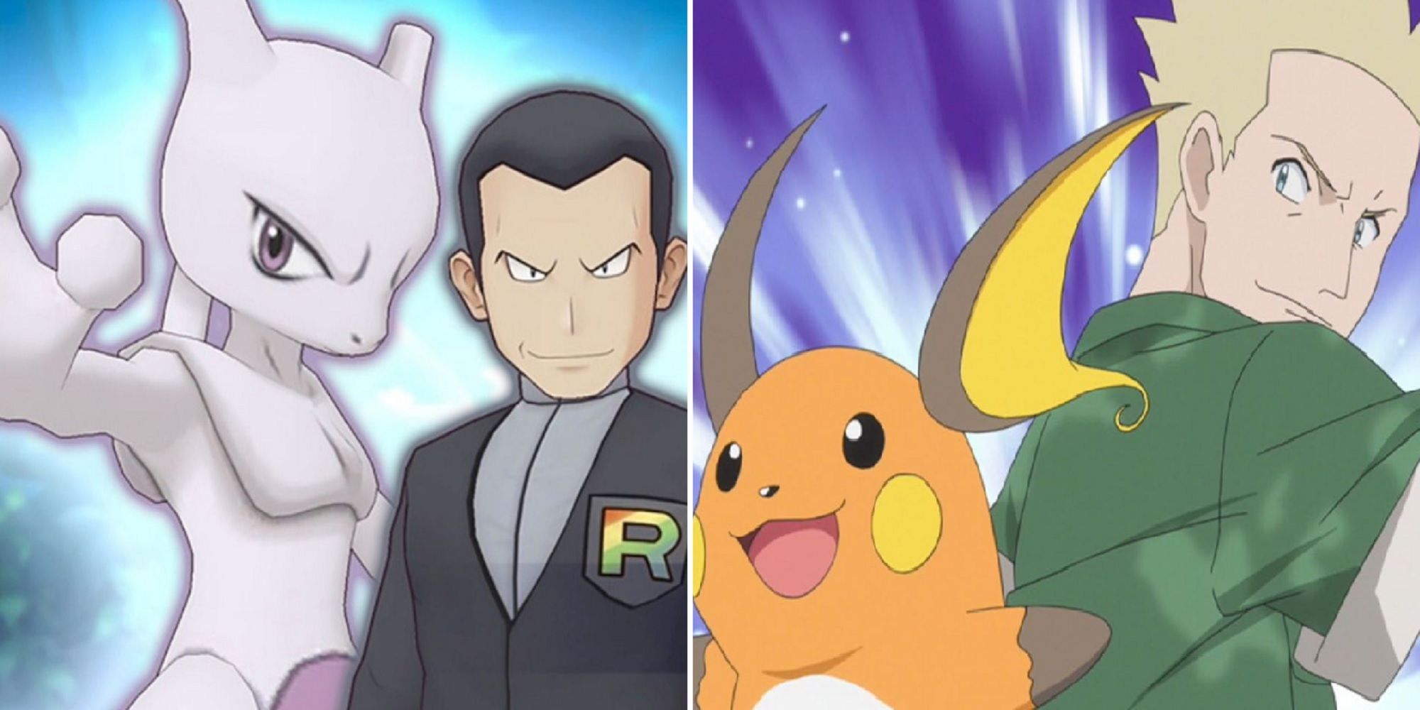 Pokemon split image Mewtwo and Giovanni posing together and Raichu and Lt. Surge standing back to back