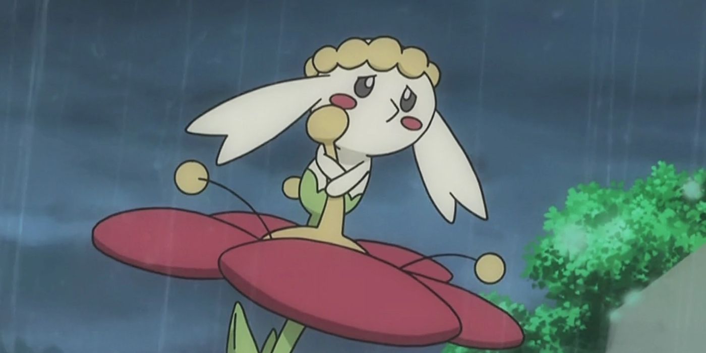 Flabebe holding on to a flower in the Pokemon anime.