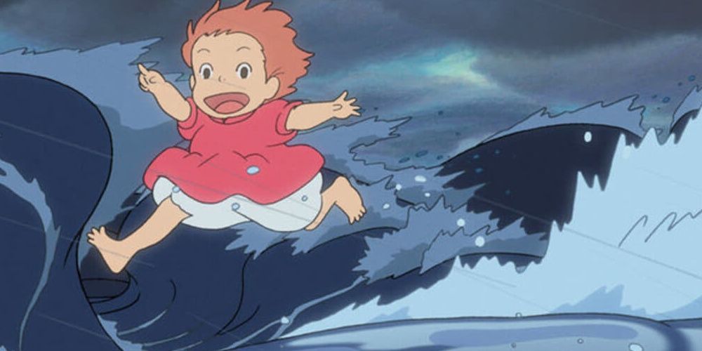 A screenshot of Ponyo jumping over waves in the sea.