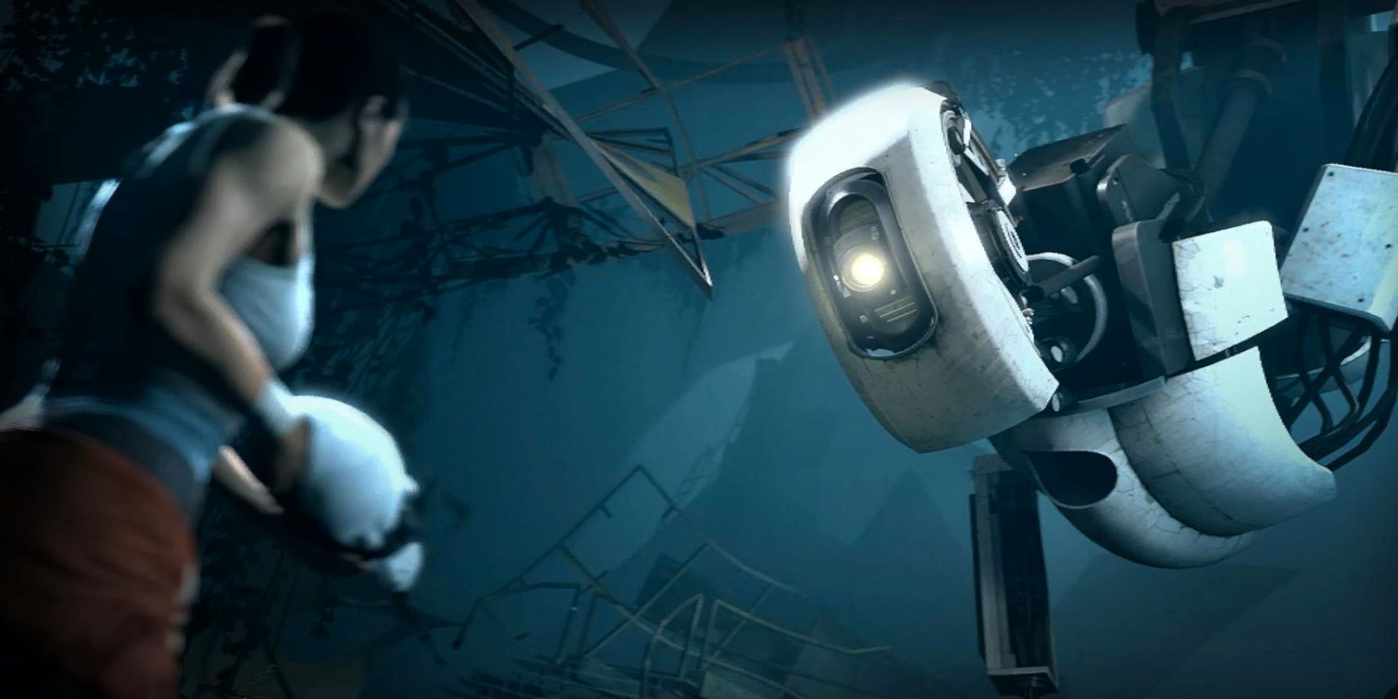 Portal 2 Chell and GlaDOS staring one another down