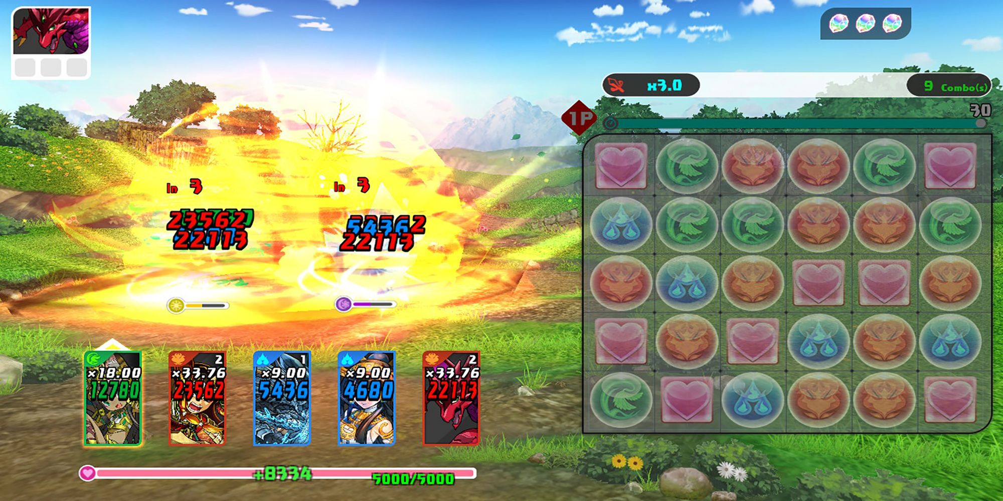 A team of warriors unleash an explosive mass attack on monsters in Puzzle And Dragons: Nintendo Switch Edition.