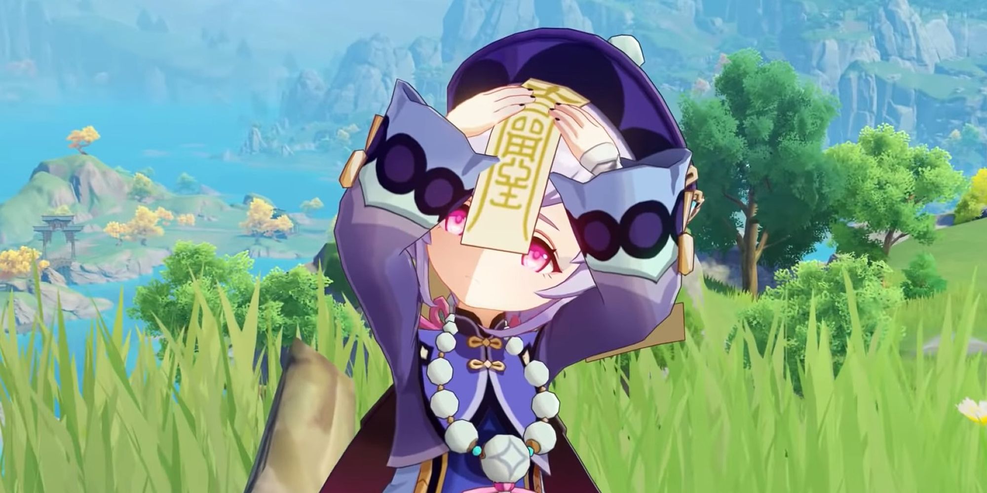 Qiqi holding her head talisman in a field in Genshin Impact.