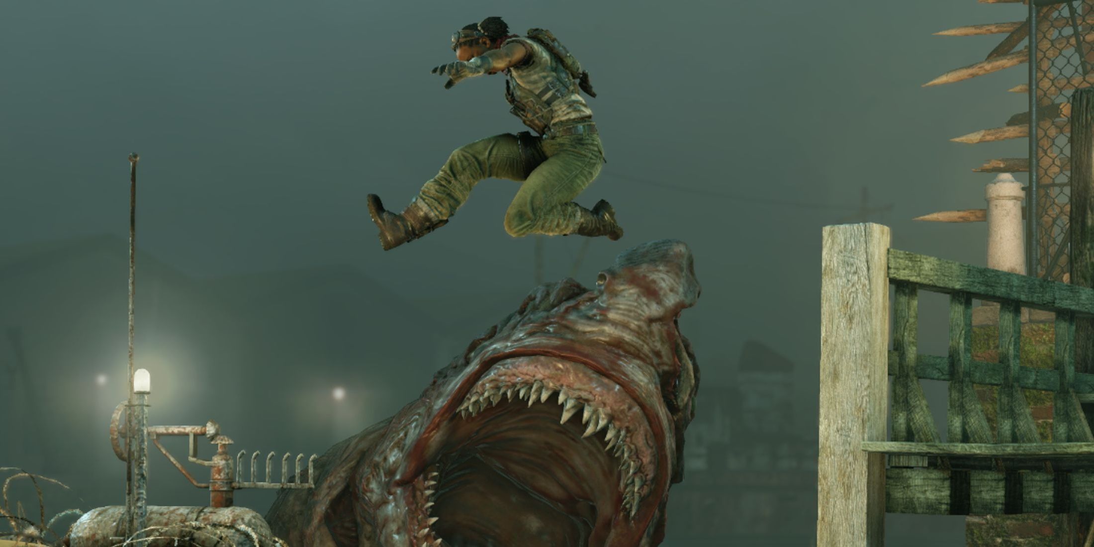 Shola jumps over a zombie shark in Zombie Army 4 Dead War.