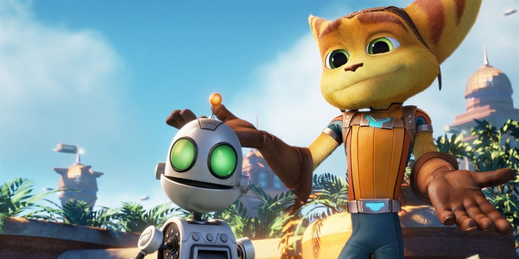 Ratchet & Clank Clank on the left looking inquisitive and Ratchet in the back right shrugging off something