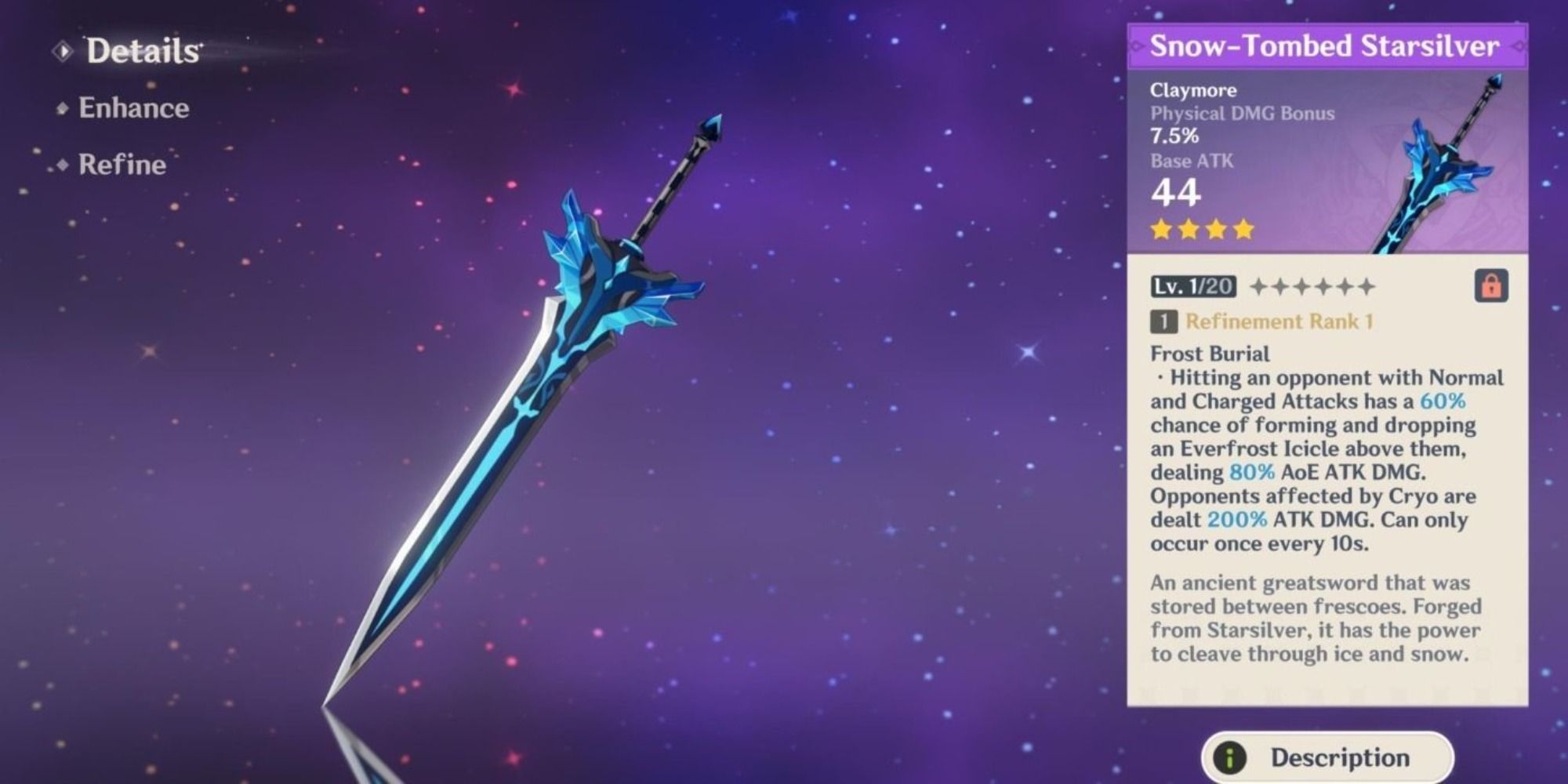 An image from Genshin Impact of the Snow-Tombed Starsilver claymore's stats