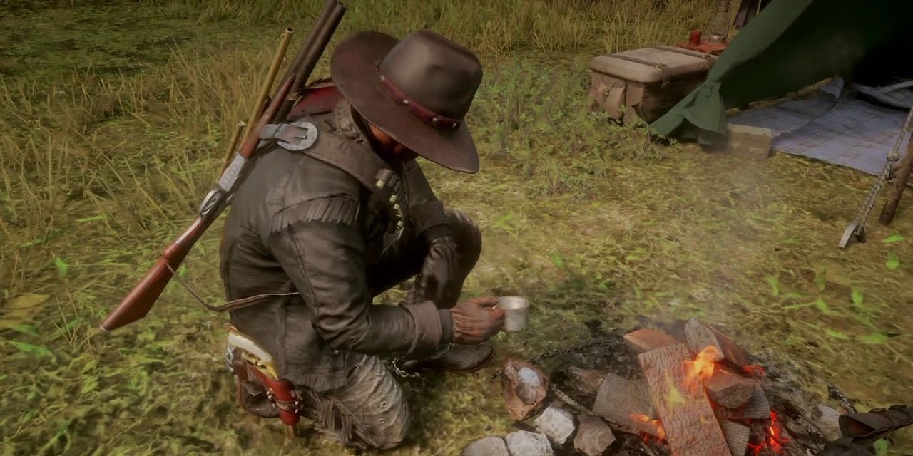 Arthur Morgan brewing some coffee by the campfire