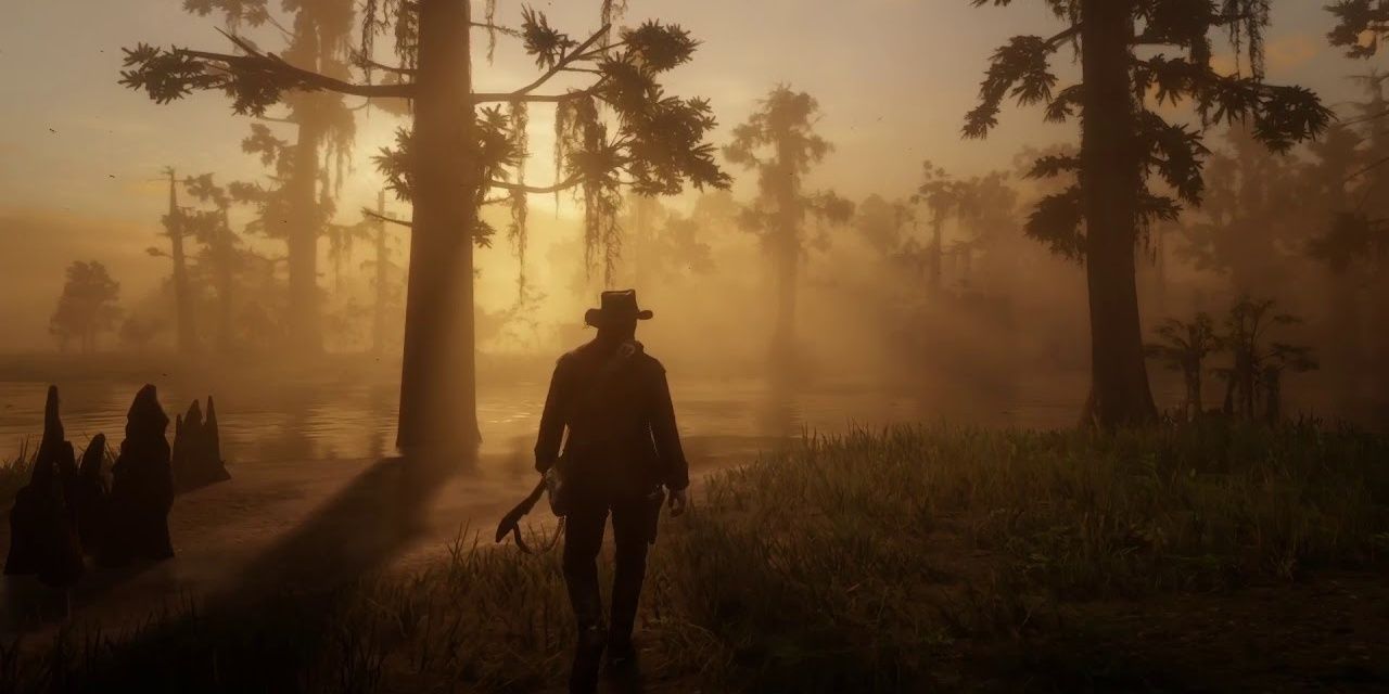 Red Dead Redemption 2 No HUD showing Arthur at the swamps