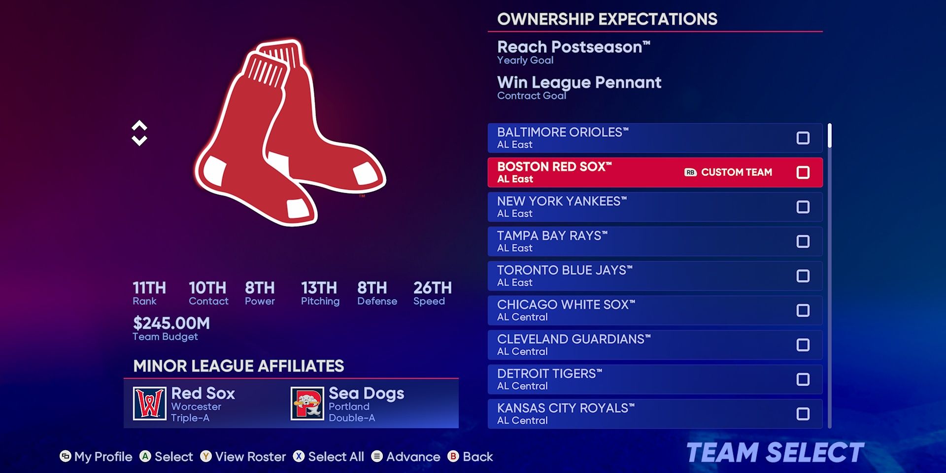 Boston Red Sox Franchise Mode Team Select
