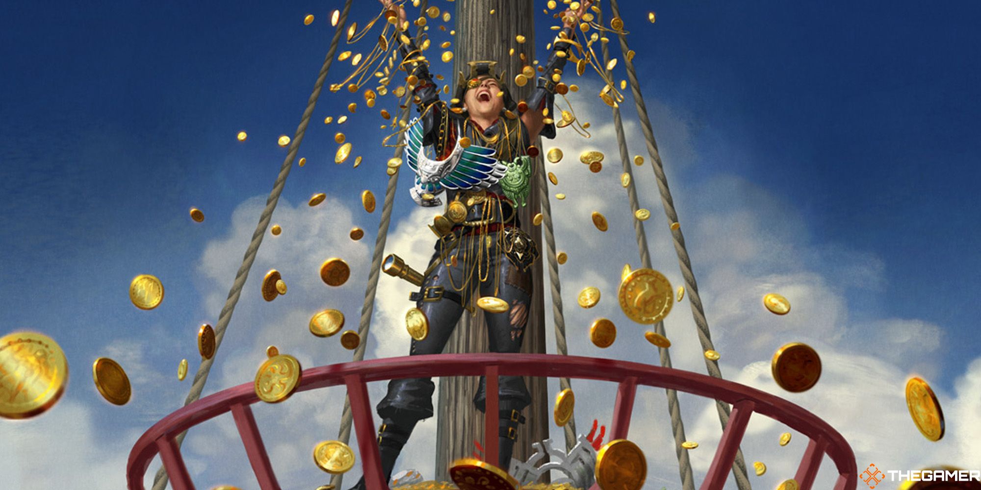 A pirate throwing handfulls of gold coins.