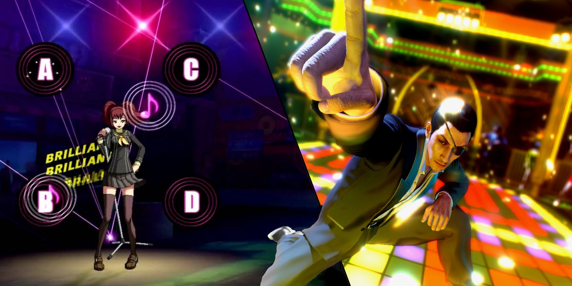 Rhythm Mini-Game Featured Image (featuring Rise from Persona 4 Arena Ultimax and Majima from Yakuza Zero)