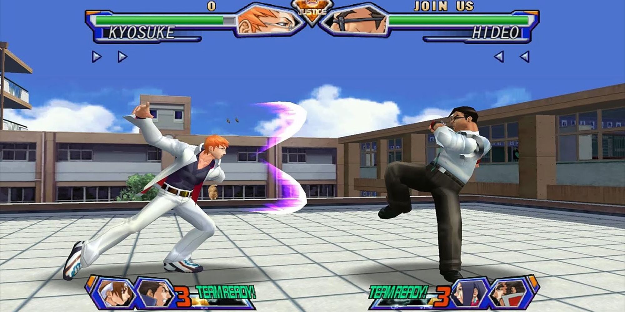 Kyosuke sends a projectile attack toward Hideo in a battle on a rooftop. Project Justice.
