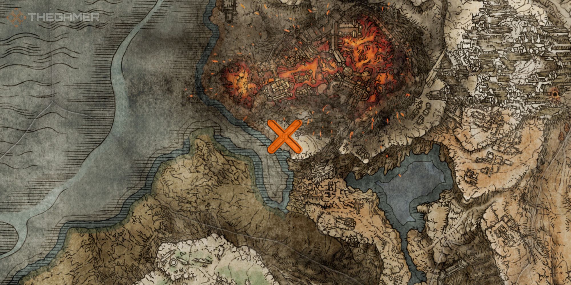 Map showing the location of the Roiling Magma Sorcery in Elden Ring