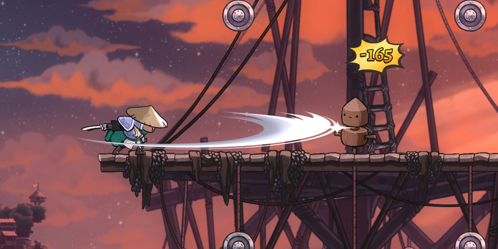 Rogue Legacy 2 screenshot of Ronin slashing a training dummy from far away