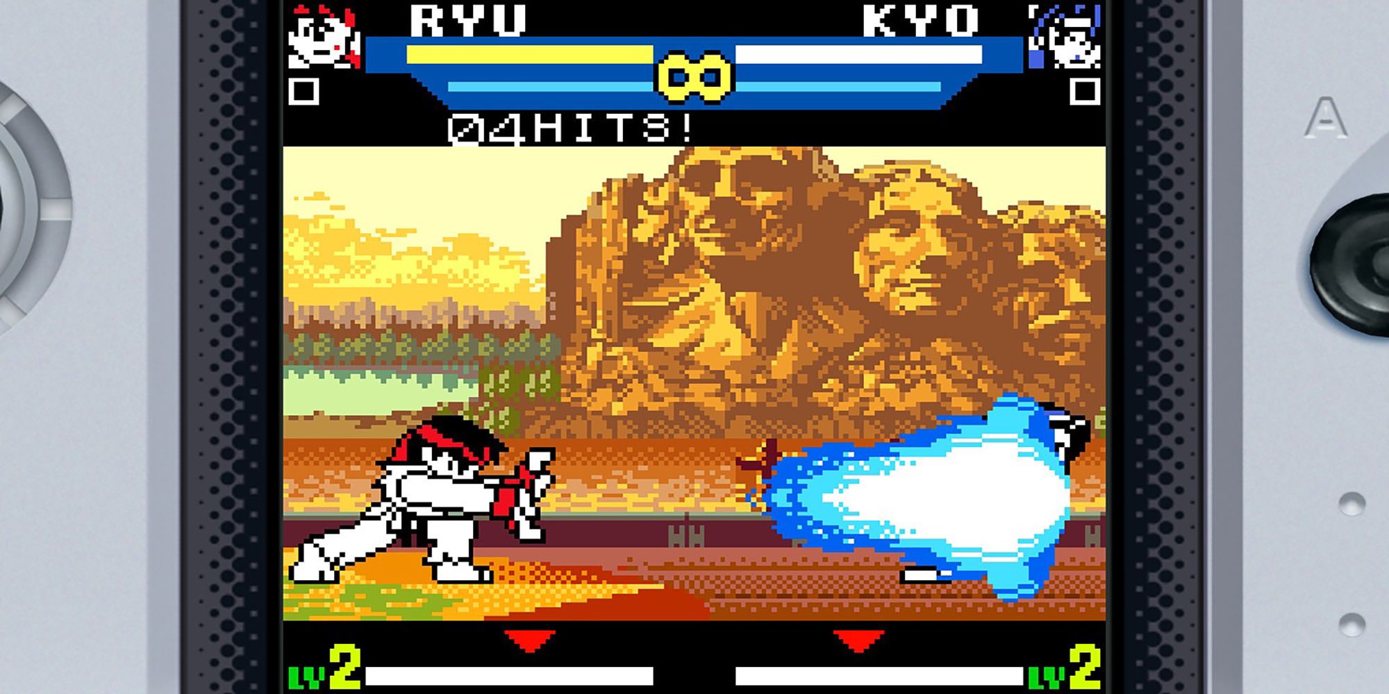 Ryu hits Kyo with a Shinku Hadoken in a battle in front of Mount Rushmore in SNK vs Capcom: The Match Of The Millennium.