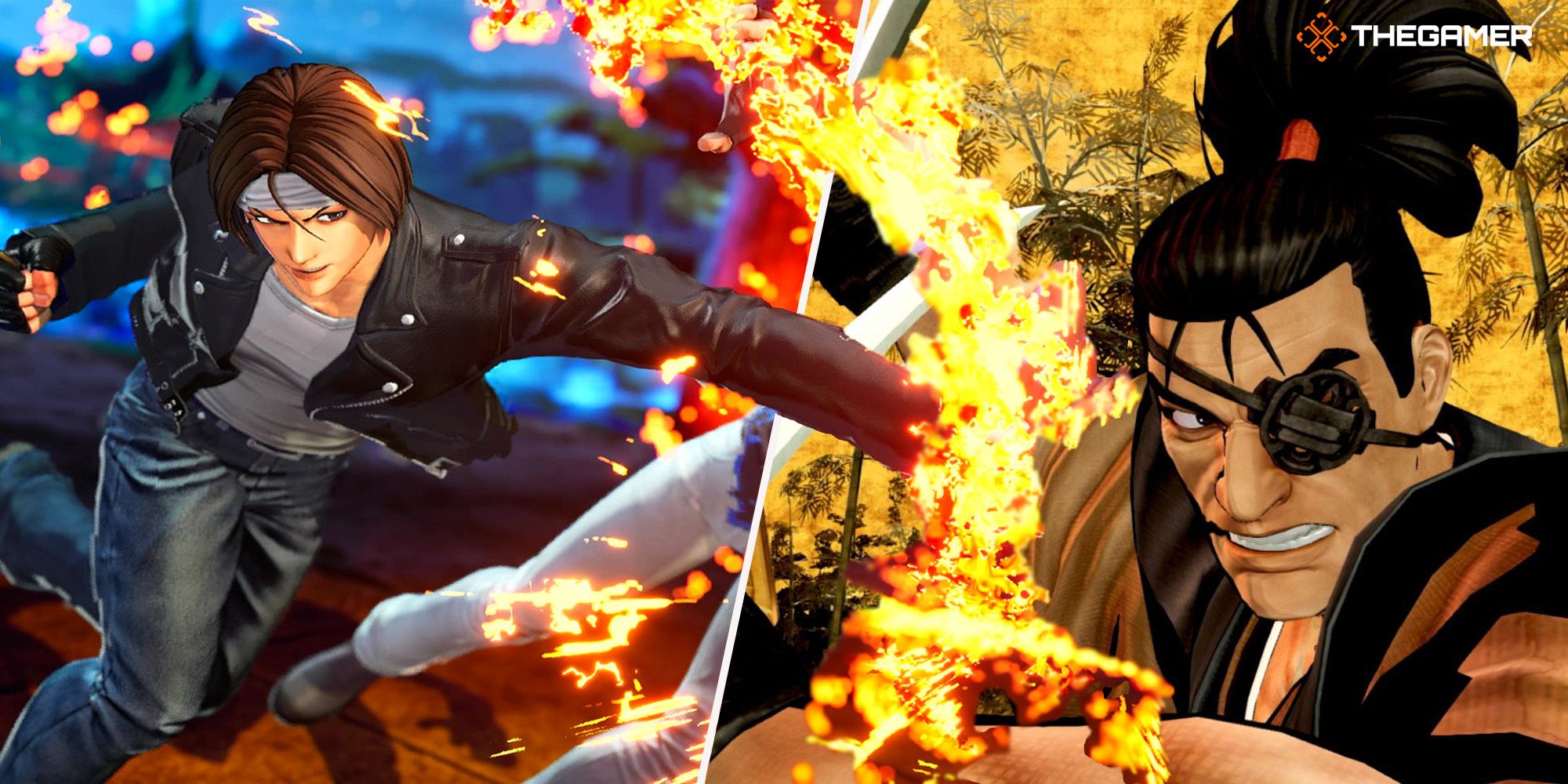 [Left Panel] Kyo hits Benimaru with a fiery punch in The King Of Fighters 15. [Right Panel] Jubei prepares his Super Special Move in Samurai Shodown (2019).