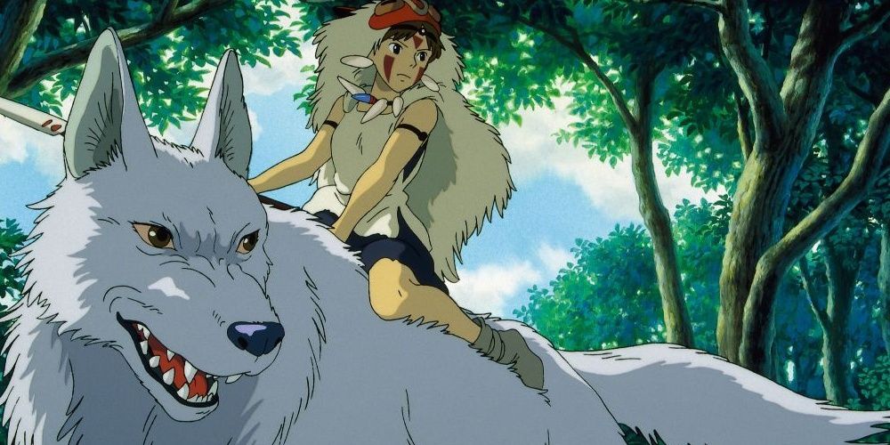 A screenshot of San from Princess Mononoke riding a wolf, both looking to the right.