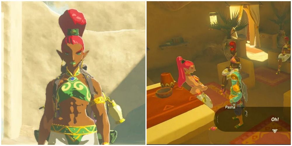 Split image screenshots of a Gerudo and the Voe and You class in Gerudo Town in the Legend of Zelda: Breath of the Wild. 