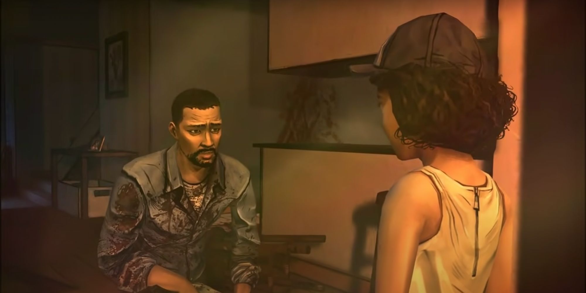 Screenshot of Lee and Clem's first meeting in The Walking Dead Game