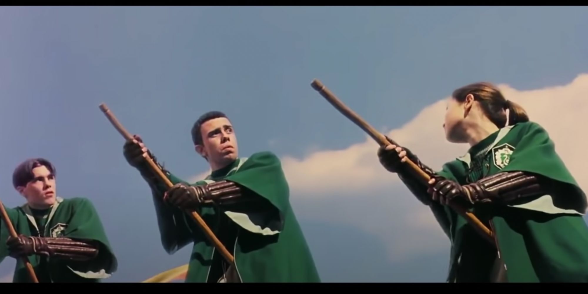 Screenshot of three Slytherin Quidditch players