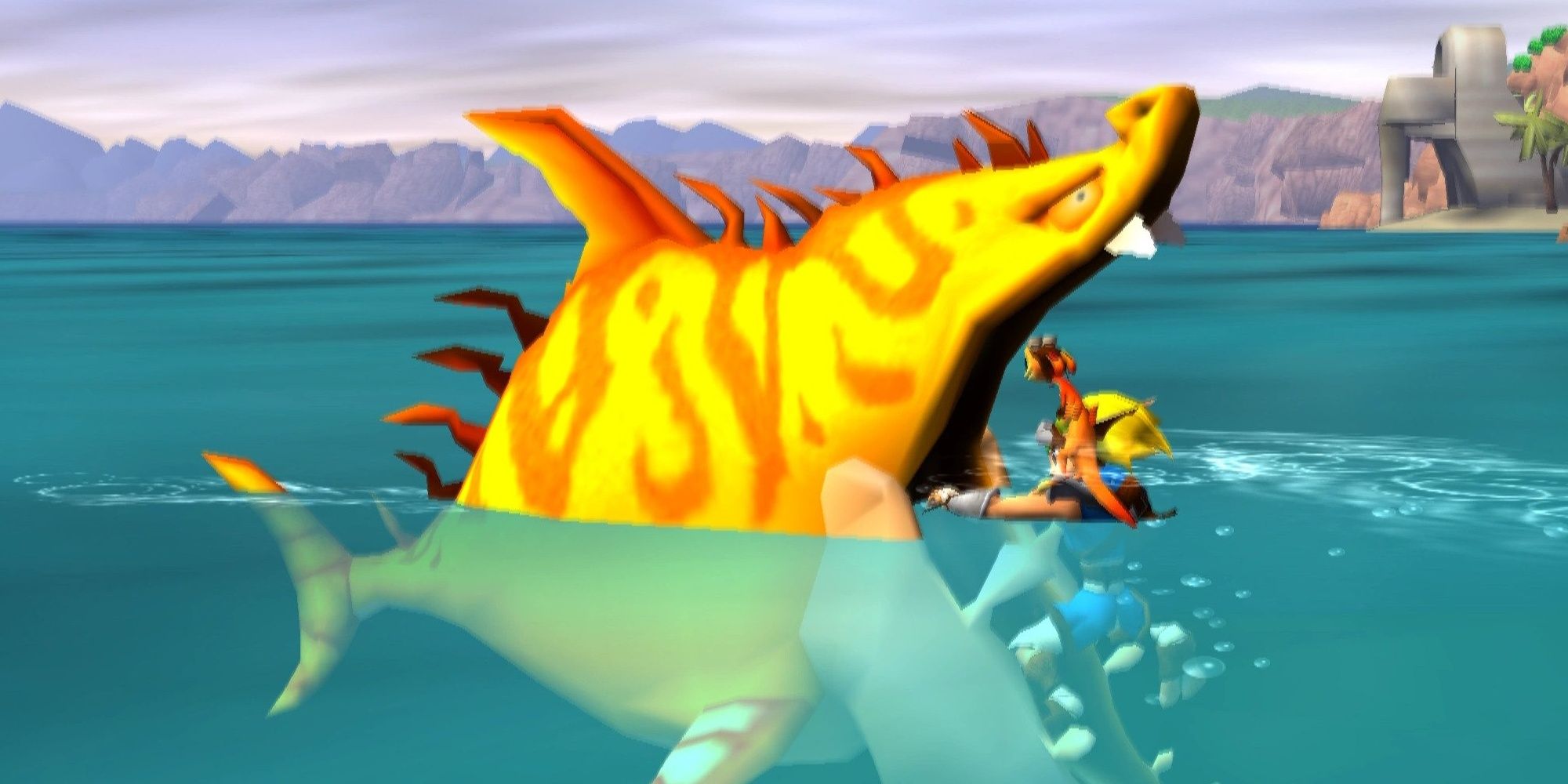 A screenshot of the Lurker Shark from Jak and Daxter with Jak in its mouth.