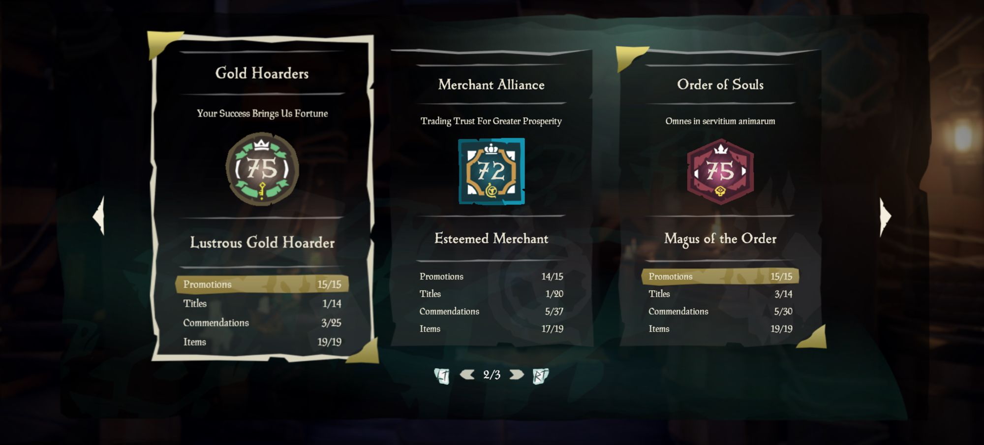 Gold Hoarders, Merchant Alliance, and Order of Souls levels from Sea Of Thieves